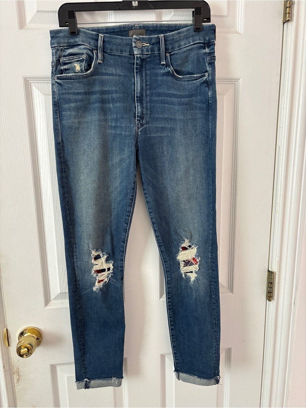 MOTHER Denim Distressed Jeans Women’s Blue Medium Wash Cropped Raw Hem